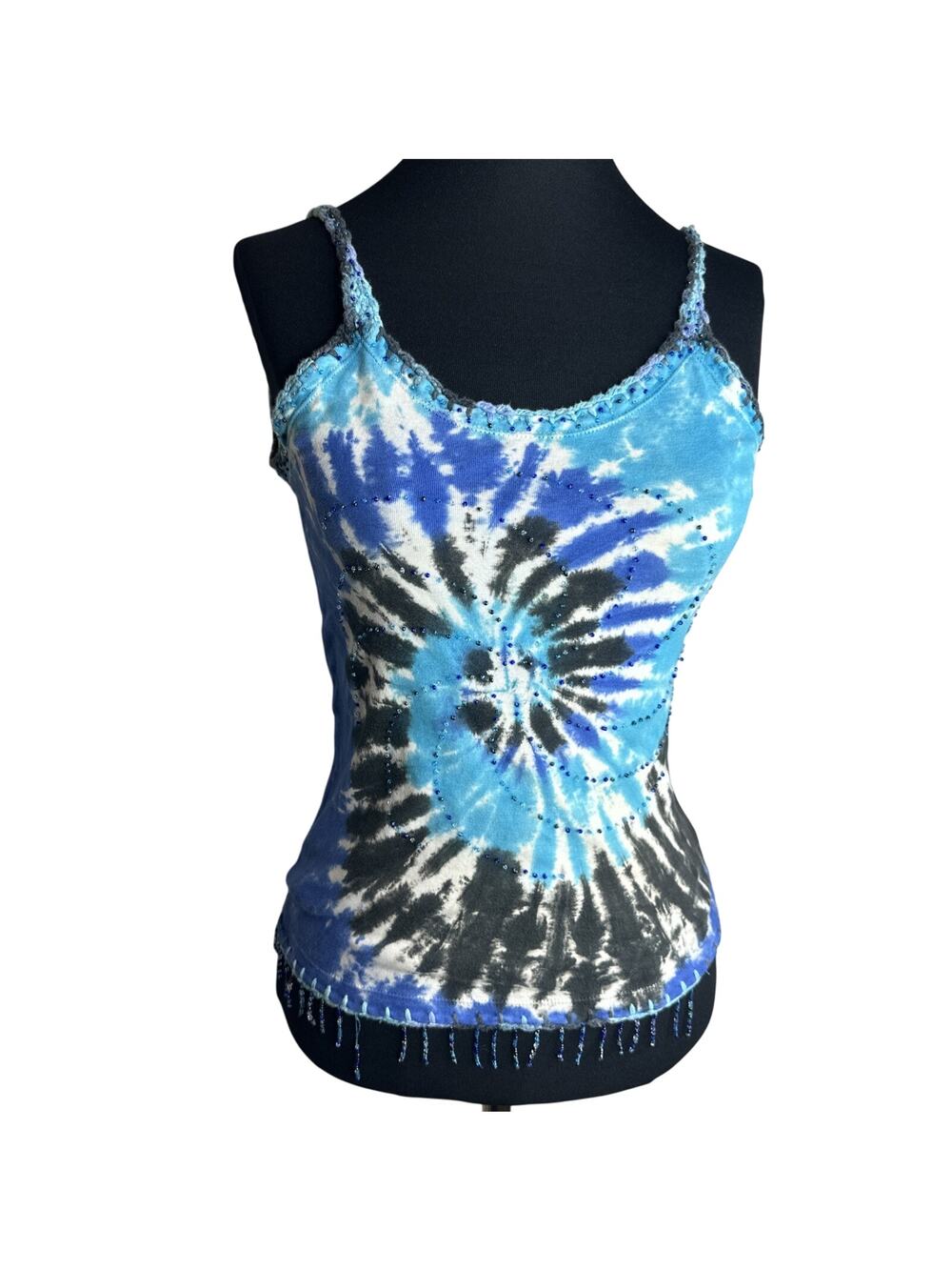 Vintage Singa Handmade Blue Tie Dye Beaded Crochet Cami Top Womens M Boho Hippie